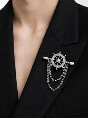 Steampunk Ship Wheel Brooch Silver Chain Lapel Pin Nautical Vintage Style